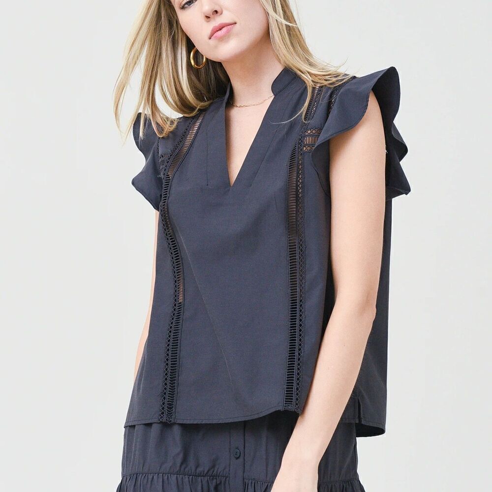 Brochu Walker The Havana Top Size XS Boxy Ruffle Sleeve Lattice Trim Gray